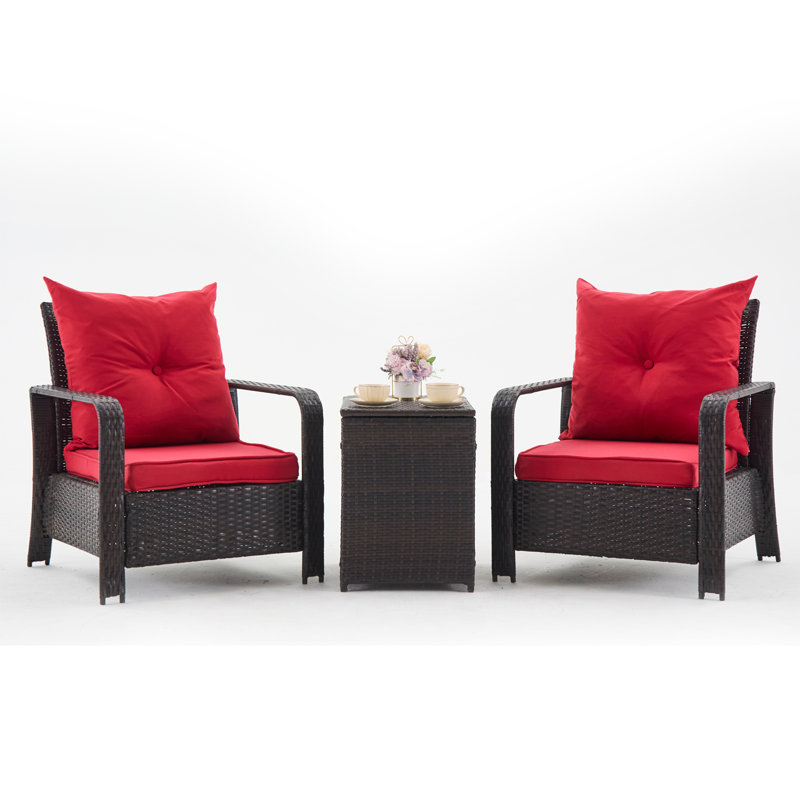 3-Piece Outdoor Rattan Furniture Set, Modern Patio Seating Group With Tufted Cushions And Storage Table, Red