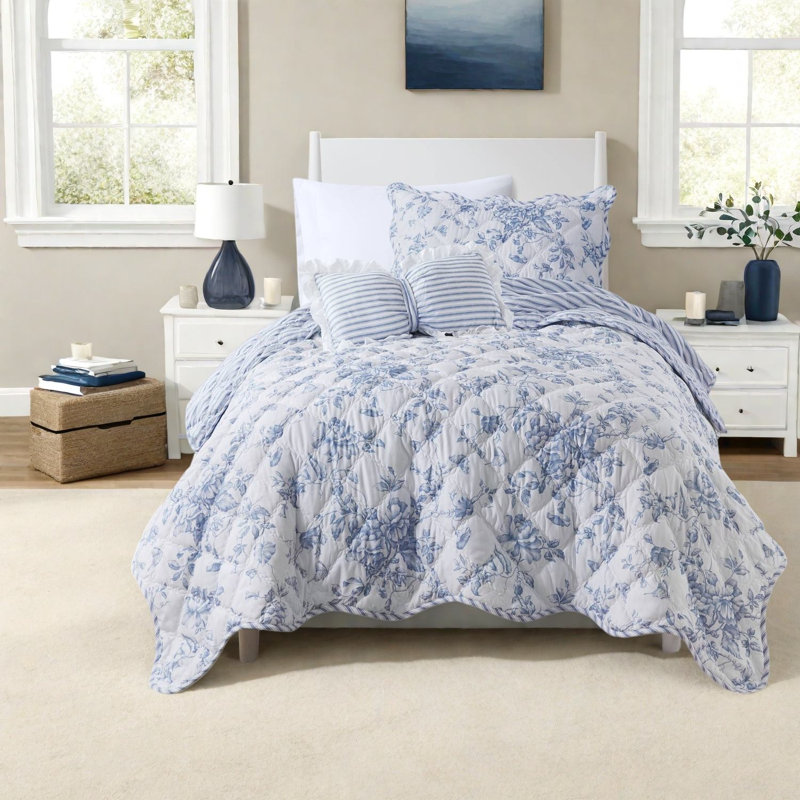 Reversible Bedding Sets Polyester Twin XL Blue Floral Modern Home Quilt