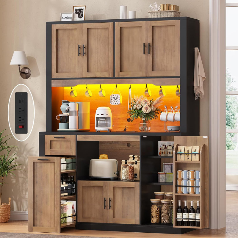 Armoire de rangement 71 "avec huche de cuisine avec station de charge et lumière DEL, Noir / brun, 47.2" wide