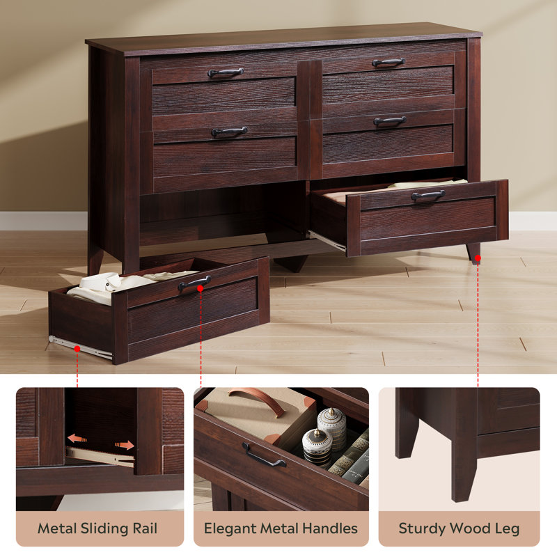 Serefina 54"W 6-Drawer Modern Dresser, Walnut Brown Wood Dresser with Solid Legs for Bedroom, Espresso Large Storage Double Dresser with Metal Handles Fits Closet or Hallway