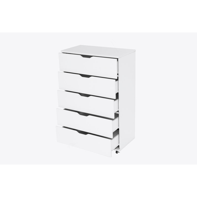 Commode à 5 tiroirs avec roulettes, Blanc