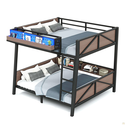 Full Bunk Bed with Storage Shelves,Twin Size Metal Bunk Bed Frame with LED Light and USB Ports For Kids,Teens.Black
