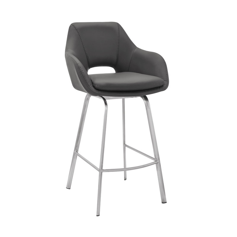 Faux Leather And Brushed Stainless Steel Swivel 30" Bar Stool, Gray