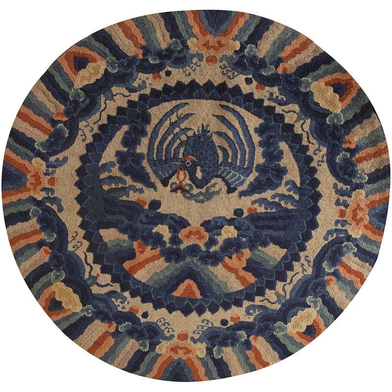 Chinese Round Blue Knotted Wool 1900s - Peking Antique Small Scatter Size Rug