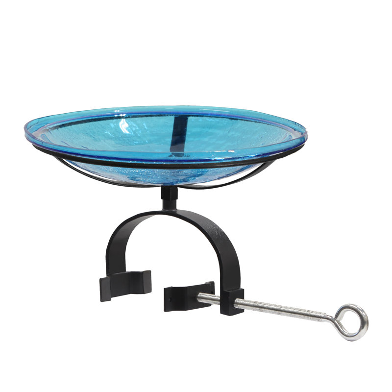 Crackle Glass Birdbath with Over Rail Bracket, 8.5" H x 15.25" W x 14" D, Teal