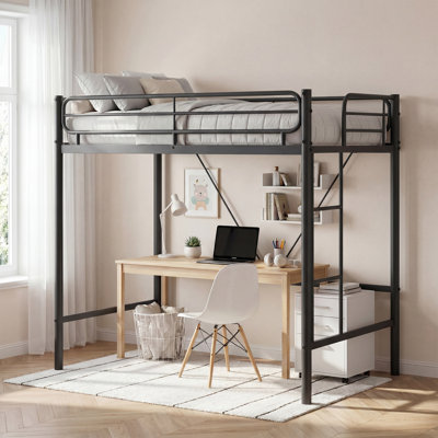 Cadre de lit mezzanine double robuste avec espace de travail sous le lit, en métal.