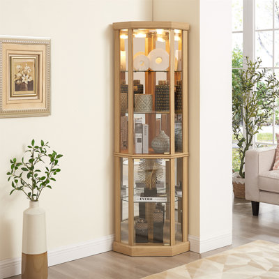 Vitrine de coin lumineuse - Vitrine élégante en verre pour le rangement du salon et du bar - Pour les collections antiques et le vin - Comprend un éclairage intégré - Finition chêne clair