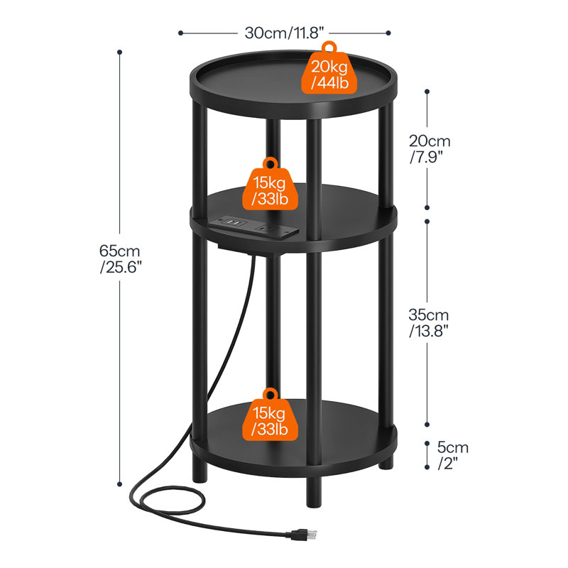 Small Round Side Table with Charging Station, Black