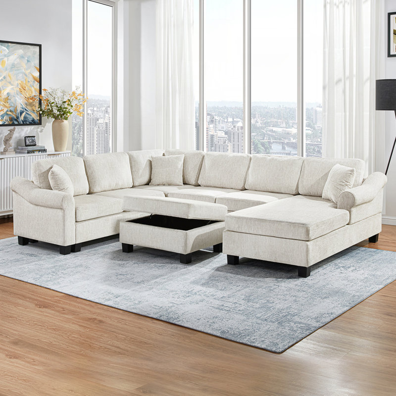 Canapé modulaire rembourré avec repose-pieds de rangement, Blanc