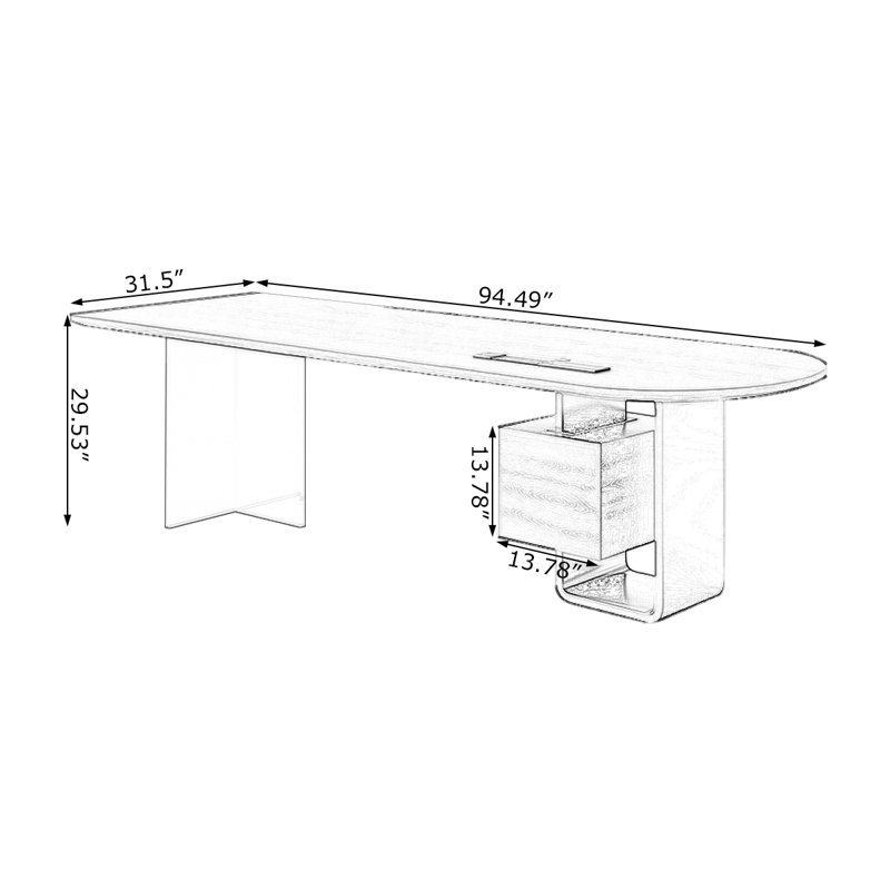 Bureau en bois massif noir + demi-cercle transparent + acier + acrylique avec 2 tiroirs, H 29,53 po x l 94,49 po x P 31,5 po