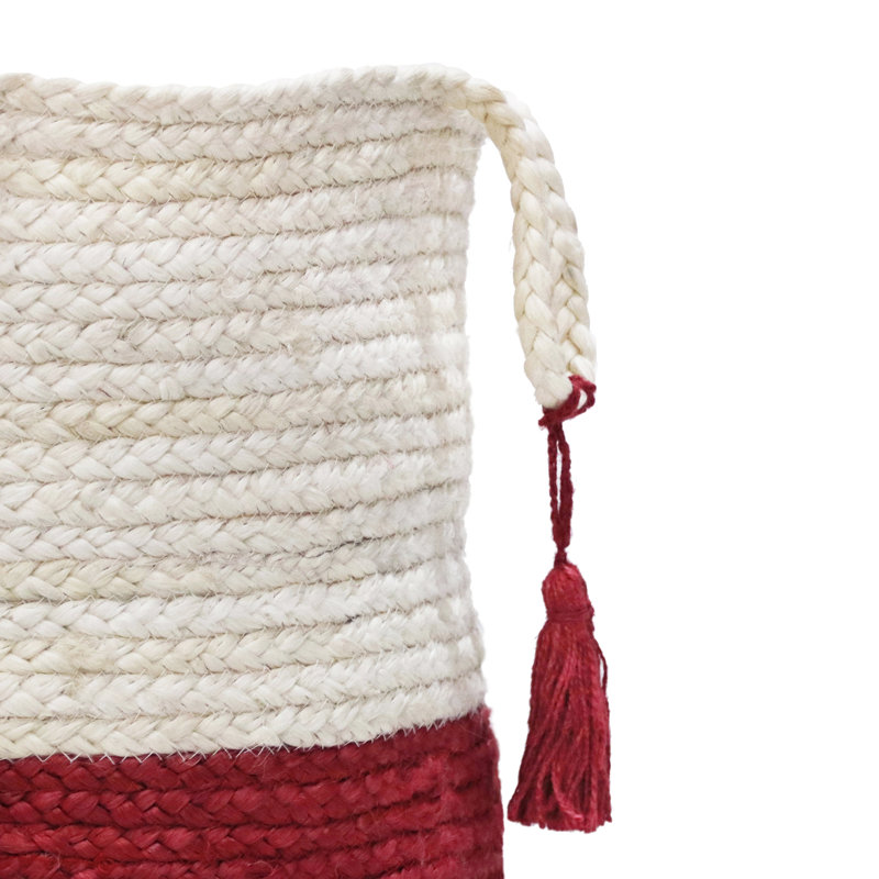 Handmade Natural Jute Relaxed Storage Basket, 17" H x 17" W x 17" D, White/Red