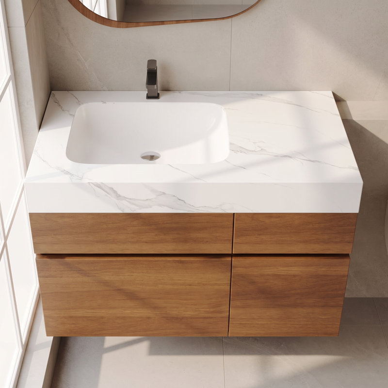 Meuble-lavabo mural simple en noyer de 76 cm (30 po) avec lavabo en céramique, comptoir en pierre frittée, tiroir et armoire