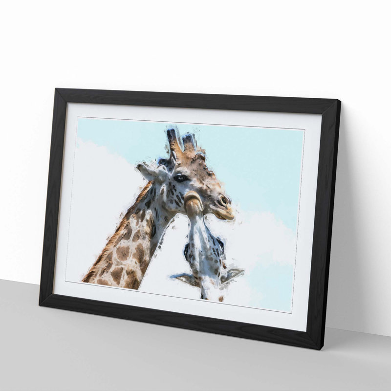 Giraffe with Calf - Picture Frame Painting Print, 27cm H x 36cm W x 2cm D, Black Framed