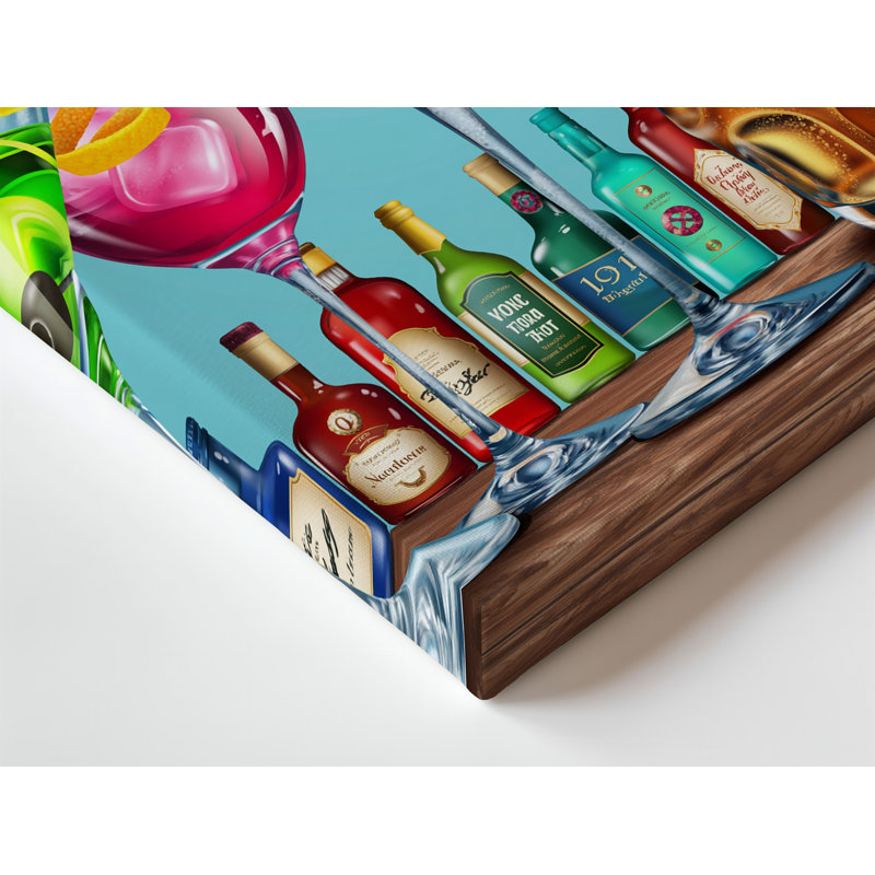 Toile, une éclatante illustration éclate avec un éventail de cocktails et d'art mural sur un fond doux céruléen mettant en valeur une toile