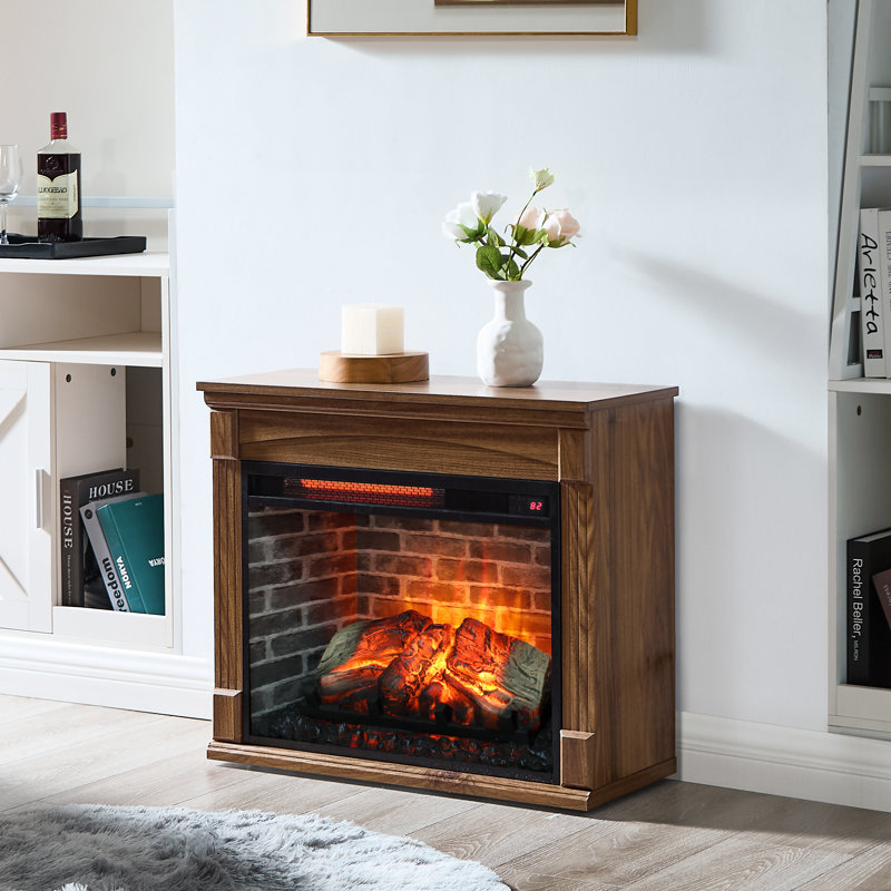 Winston Porter 28" Electric Fireplace with Mantel - Infrared Quartz Fireplace Heater w/Caster & Remote - Realistic Flame & Log - Adjustable Flame Brightness - Firebox for Living Room, Caramel Oak