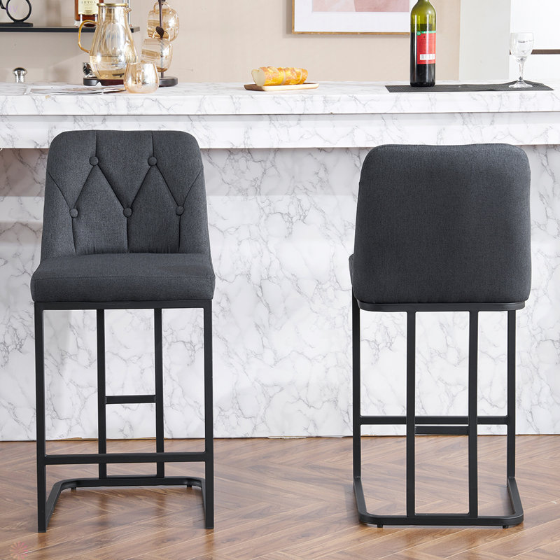 Set Of 2,Modern Upholstered Bar Stool With Button-Tufted Backrest, Counter Height Chair With Sturdy Metal Frame, Comfortable Padded Seat For Kitchen, Bar, Or Dining Room