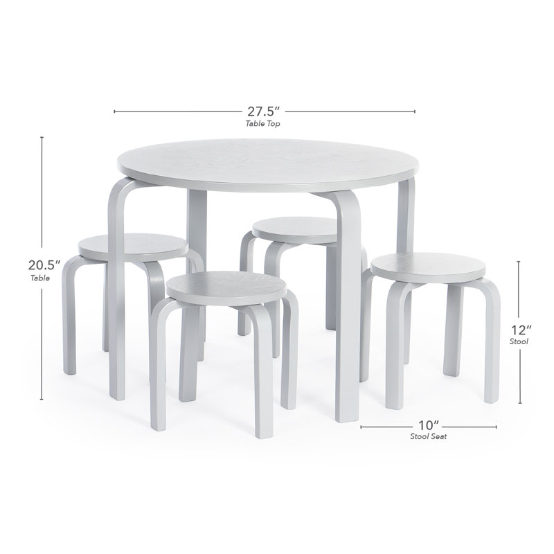 Nordic Toddler and Kids 5 Piece Round Table and Stool Set, Gray