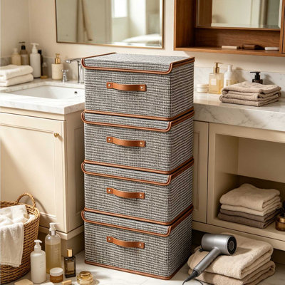 Fabric Collapsible Storage Bins with Lids & Leather Handles, 4 Pack Stackable Linen Storage Organizer Boxes for Closet, Bedroom, Clothes, Toys, Sundri