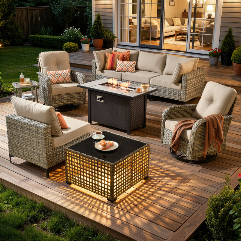 Canapé 6 places en rotin de haute qualité avec chaise berçante et poêle, peut être librement combiné, Beige