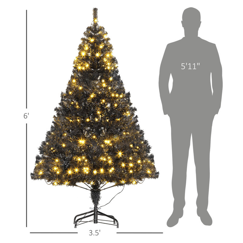 Arbre de Noël noir de 6 pi, 250 lumières blanc chaud, 1000 extrémités de branches, base de qualité de 6 pieds de haut avec