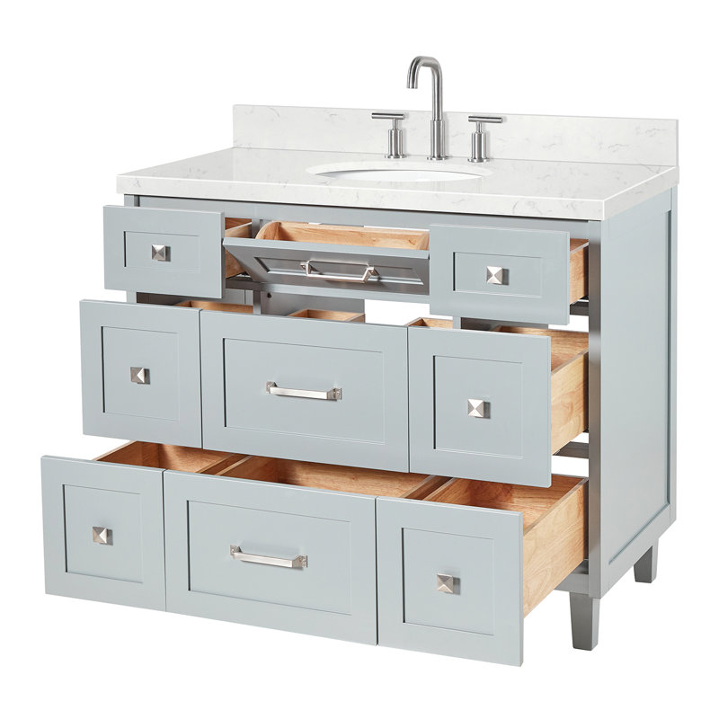 Ariel Monrow 42 Inch Single Oval Sink Bathroom Vanity With Carrara Quartz Countertop, Gray