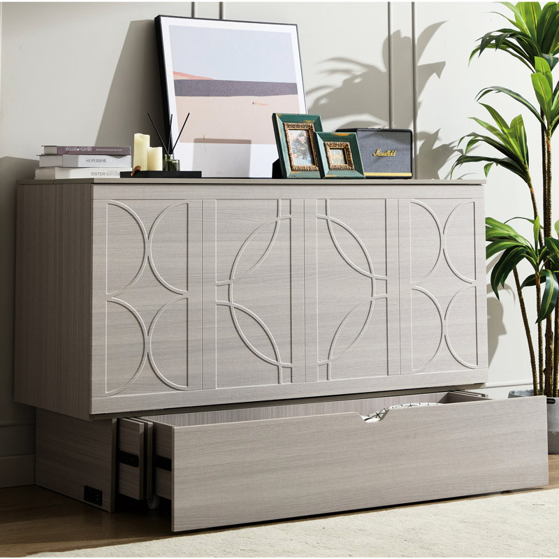 Espace avec rangement de tiroir, matelas pliant et surface de chargement, armoire moderne grise, espace de rangement gris, station de rangement