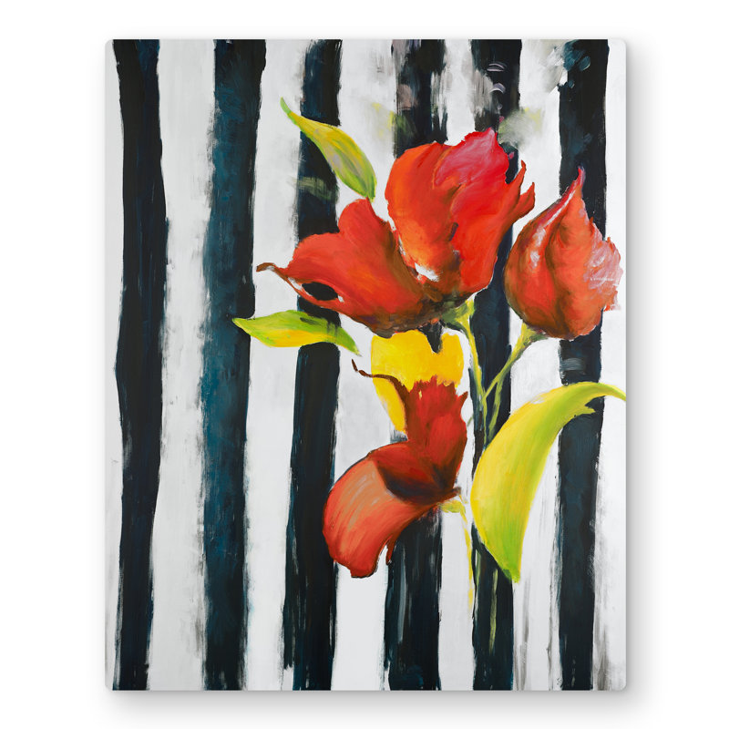 Flowers on Stripes - Bedroom Metal Print Decor