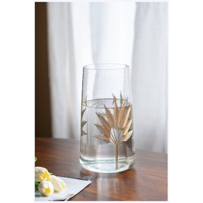 Grand vase cylindrique décoratif en verre 9,8 "avec motifs de feuilles d'or H 9,8"