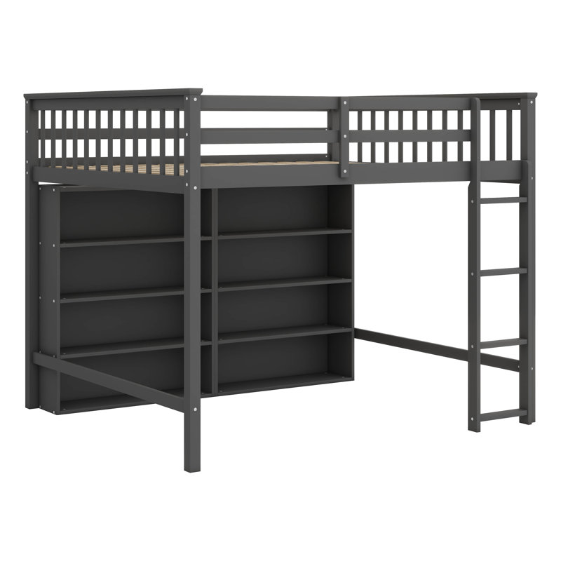 Solid Wood Full Size Loft Bed With 8 Open Storage Shelves, Built-In Ladder And Full-Length Guardrails, Gray