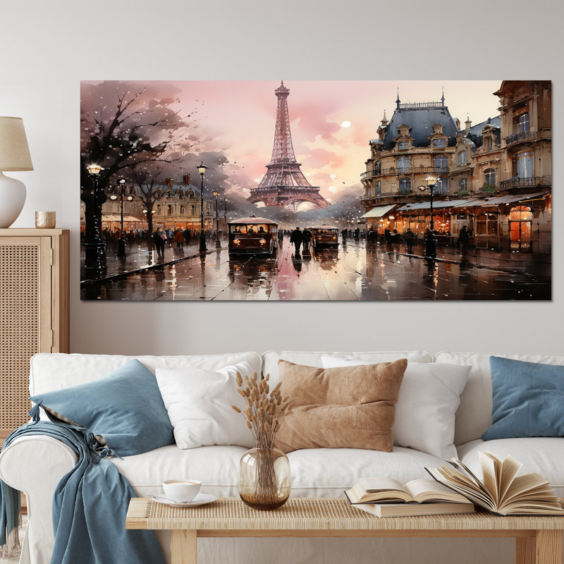 «Pink Twilight Rendezvous In Paris I», art mural de Paris pour le salon, H 28 po x l 60 po, Wrapped Canvas, Toile tendue