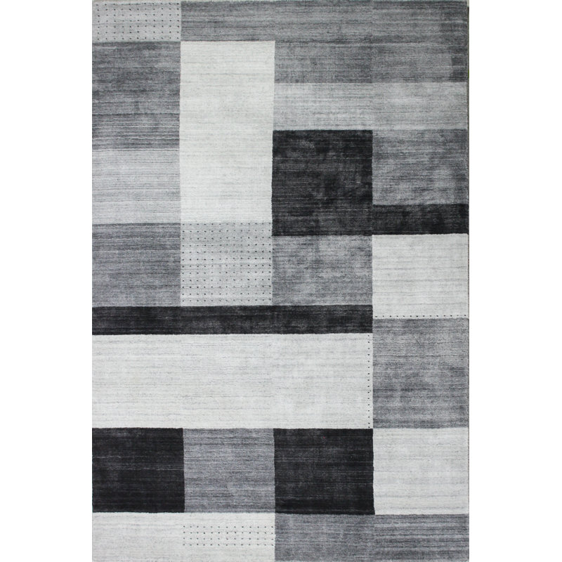 Ivory and Gray Handwoven Geometric Wool-Viscose Blend Area Rug 7'9" x 9'9"
