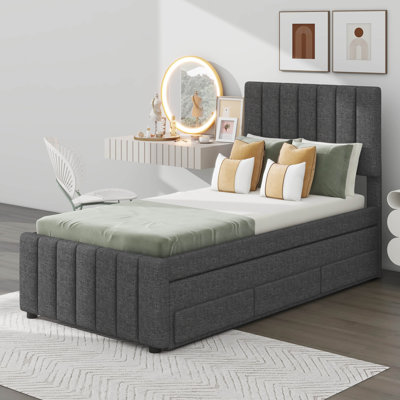 Lit plateforme tapissier simple avec lit gigogne et 3 tiroirs de rangement