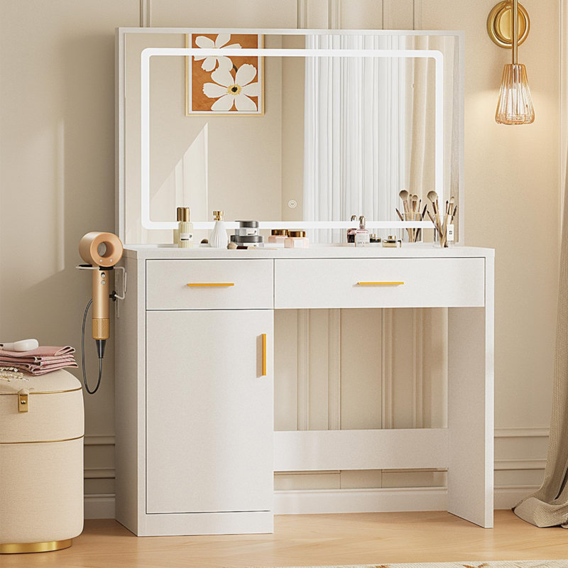 35,4 po Coiffeuse de maquillage avec miroir et lumières, station de charge, 2 tiroirs, grande armoire, éclairage réglable 3 couleurs