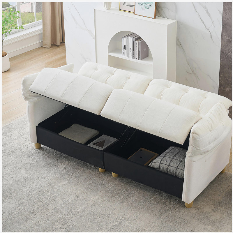 Canapé droit français à motif de nuage double en tissu crème de style rétro, convenant au salon., Beige