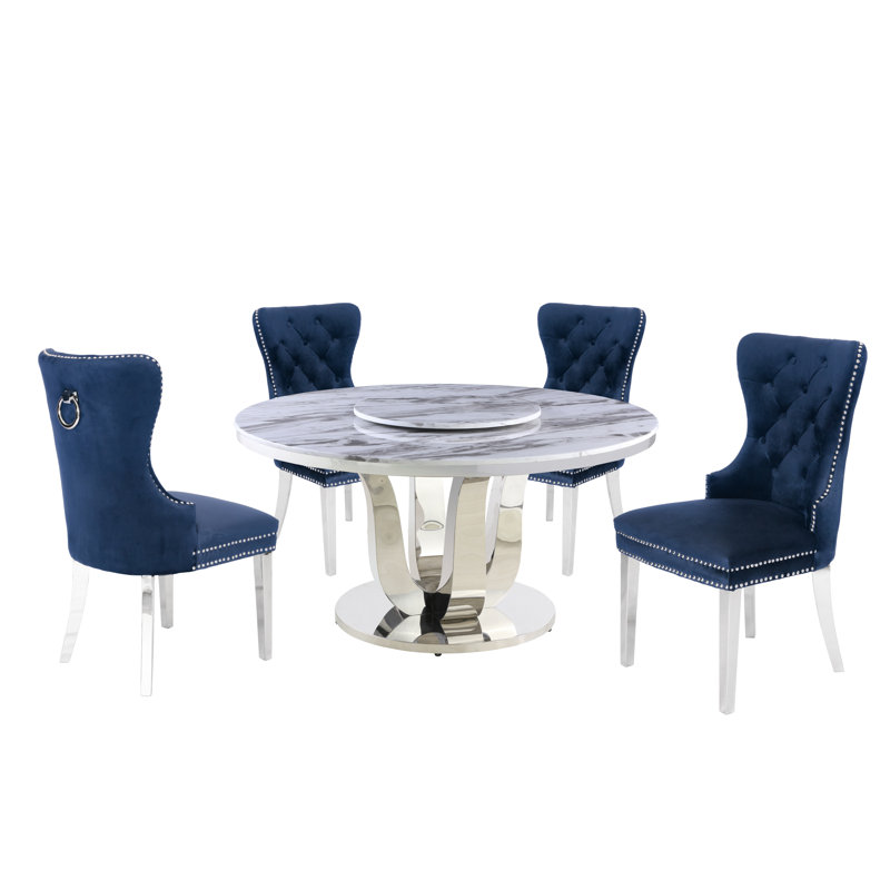Mcnair 4 - Person Marble Top Pedestal Dining Set, Navy Blue