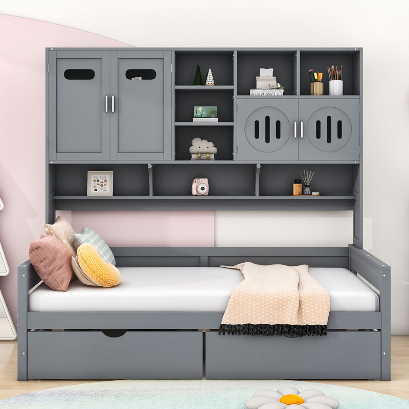Lit de jour en bois avec tiroirs, armoires et tablettes de rangement intégrés, Simple, gris