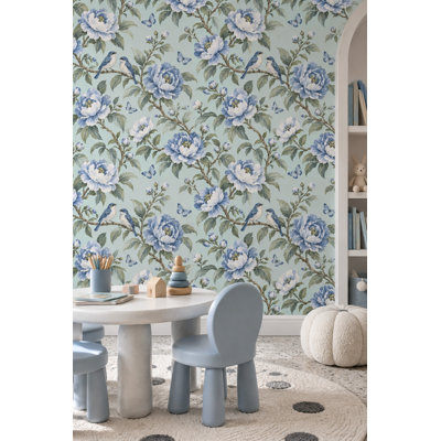 Blue Flowers And Birds Wallpaper Watercolor Chinoiserie Botanical