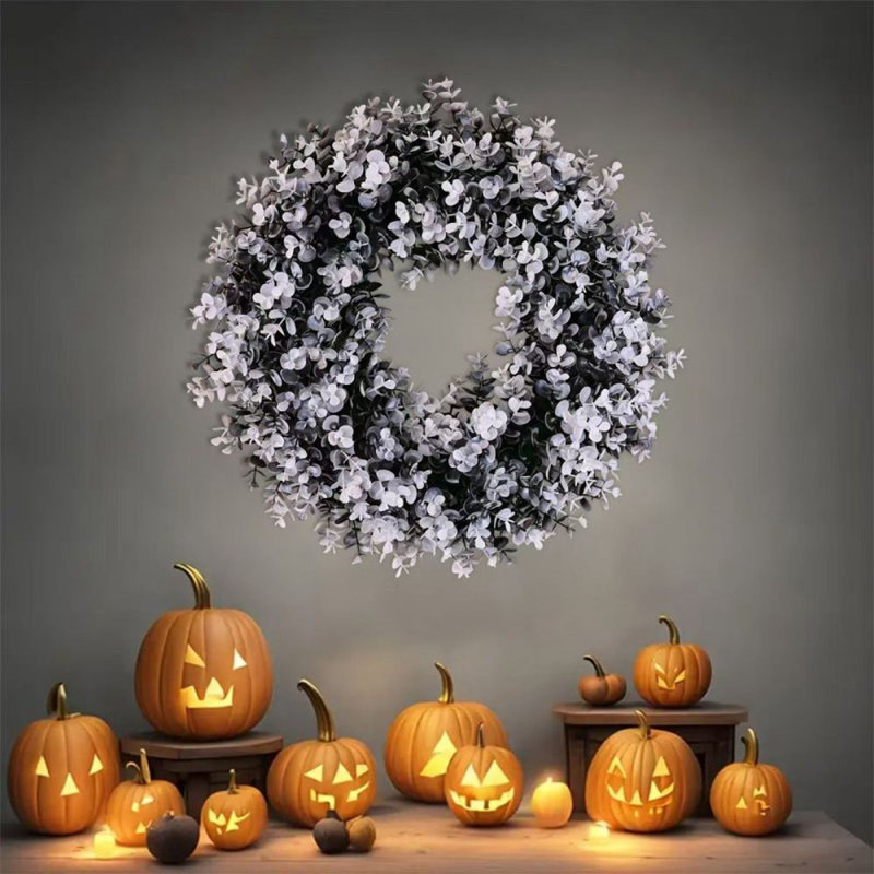 Décoration d'Halloween couronne de fleurs en fausse feuille d'eucalyptus suspendue 45 cm grande