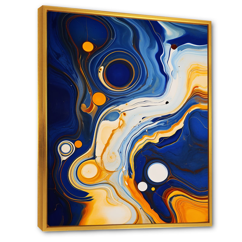 Jaune et bleu, liquide, encre de rivière II - encre liquide, art mural abstrait, Cadre flottant doré
