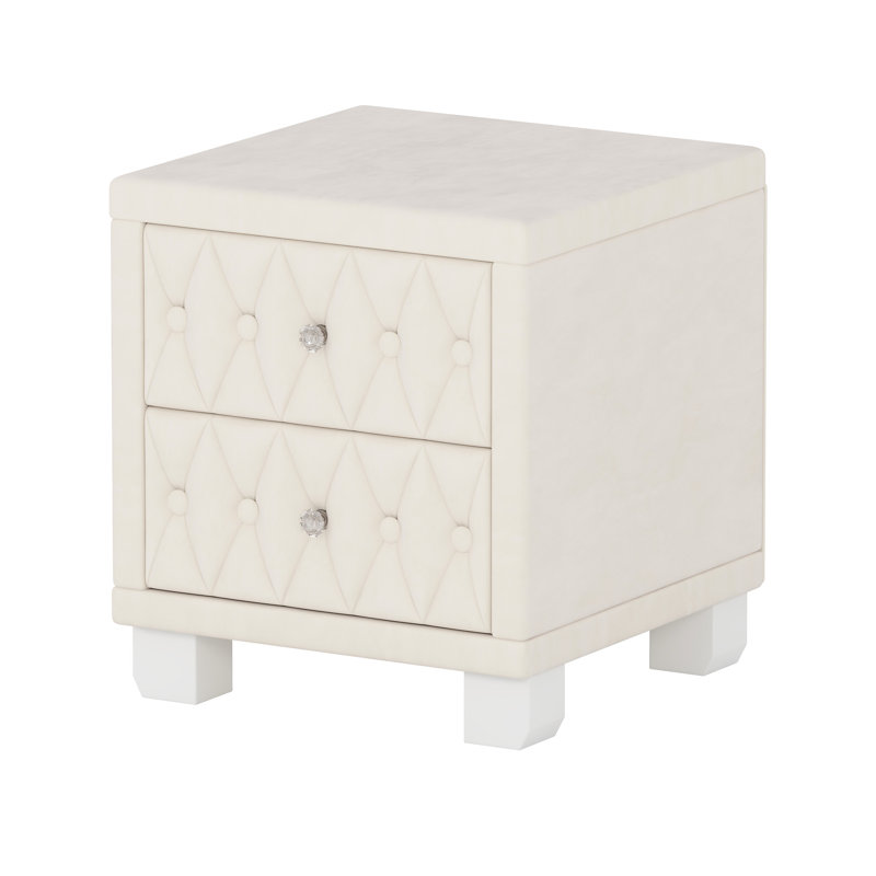 Table de chevet en velours beige Regal avec 2 tiroirs, décorations en cristal et esthétique à boutons