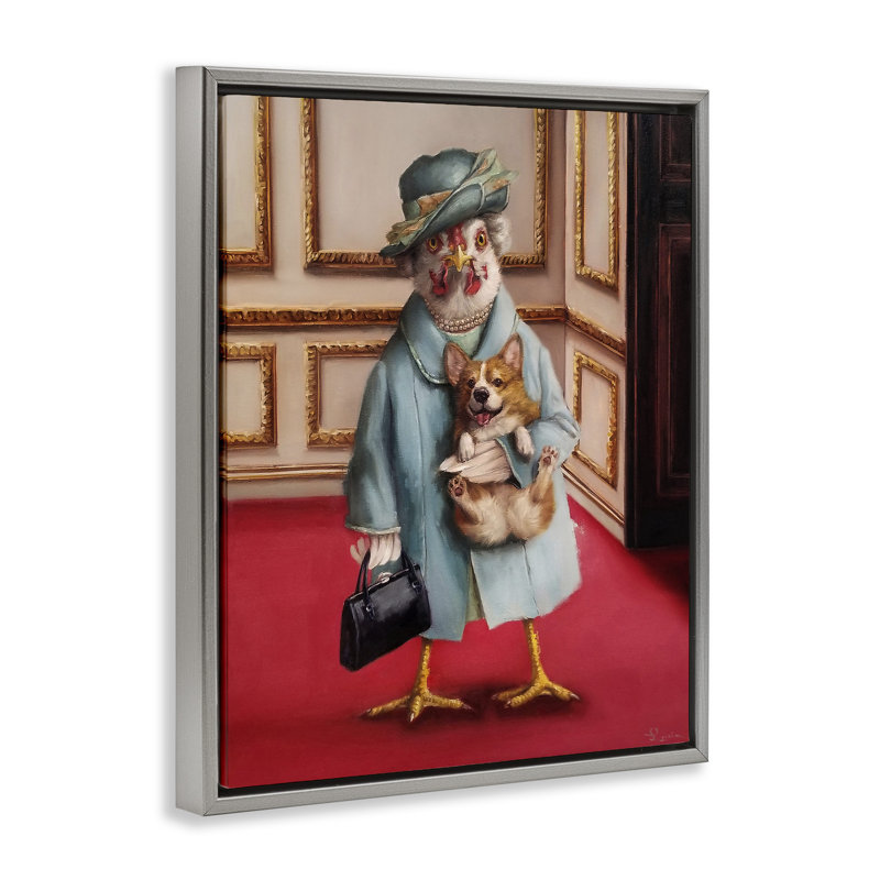 «Queen Chicken with Corgi Regal Animal Humor» par Lucia Heffernan, H 31 po x l 25 po, Cadre flottant gris lustré