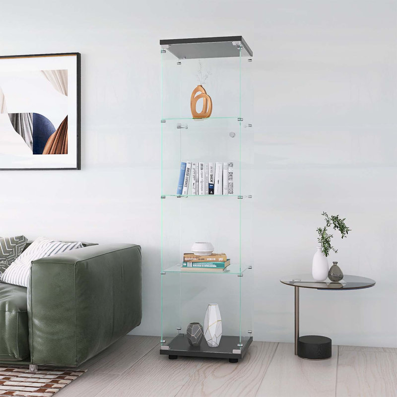 Élégante vitrine en verre à 4 tablettes avec porte, parfaite pour mettre en valeur des objets de collection et maximiser le rangement dans n'importe quelle pièce