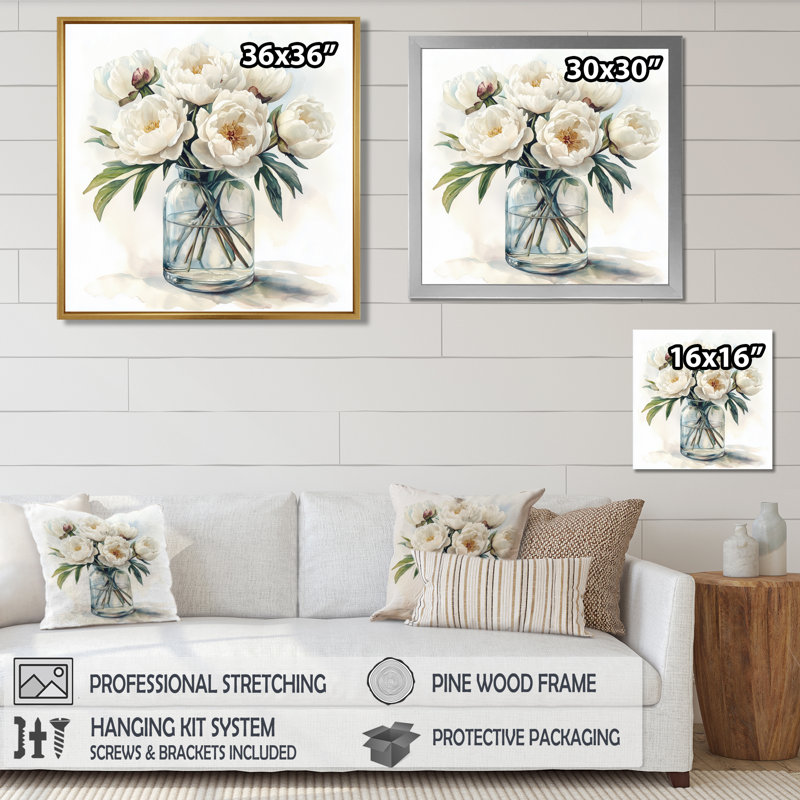 Mimalisme pivoines dans un vase en verre I - pivoines, art mural pour le salon, H 16 po x l 16 po, Blanc
