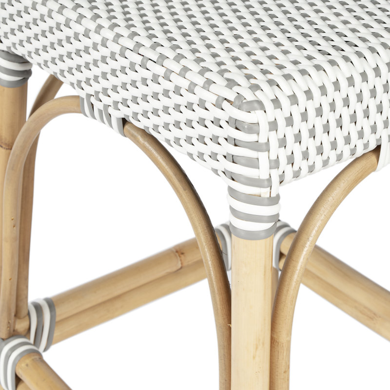 Robias Rattan 18" Dining Stool, White/Gray Dot / Natural Rattan Frame