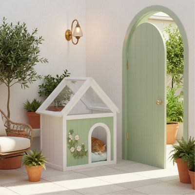 Maison pour chat en cèdre avec toit en acrylique transparent certifié SSC FAGE - Maison pour animaux en bois pour petits chats et chiens