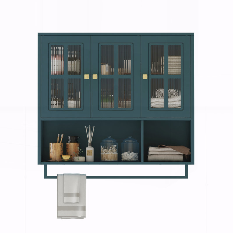 Armoire murale de salle de bain, armoire murale en bois à 3 portes avec espace de rangement ouvert et caché