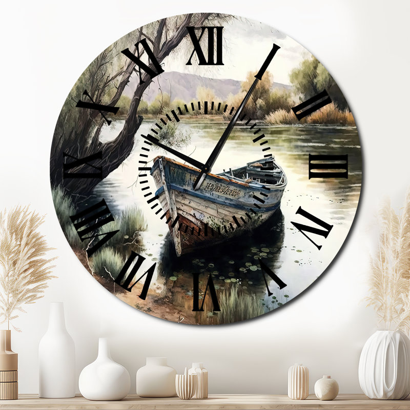 Horloge murale avec bateau de pêche dans la rivière - Paysage et nature, Surdimensionné