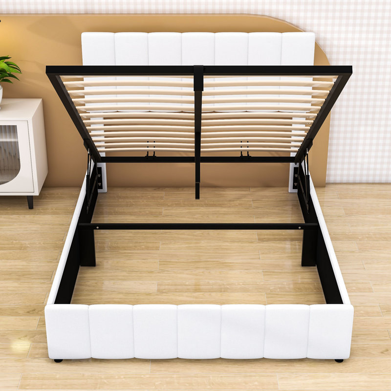 Lit plateforme tapissier avec rangement robuste Laurissa, Double, Blanc