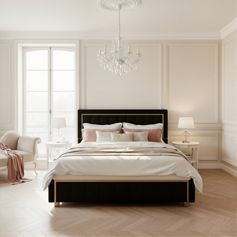 Velvet Ottoman Bed, Glam Upholstered Storage Frame With Trim, Black,  European Double (140 x 200 cm)