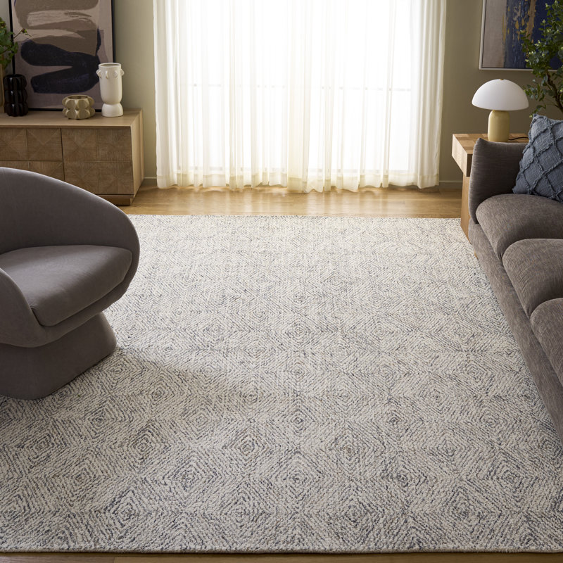Koben Ebony Hand Tufted Wool/Cotton Geometric Rug in Navy/Ivory, Rectangle 8' x 10'